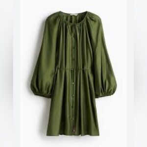 H&M Oversized Balloon Sleeve Green Belted Dress